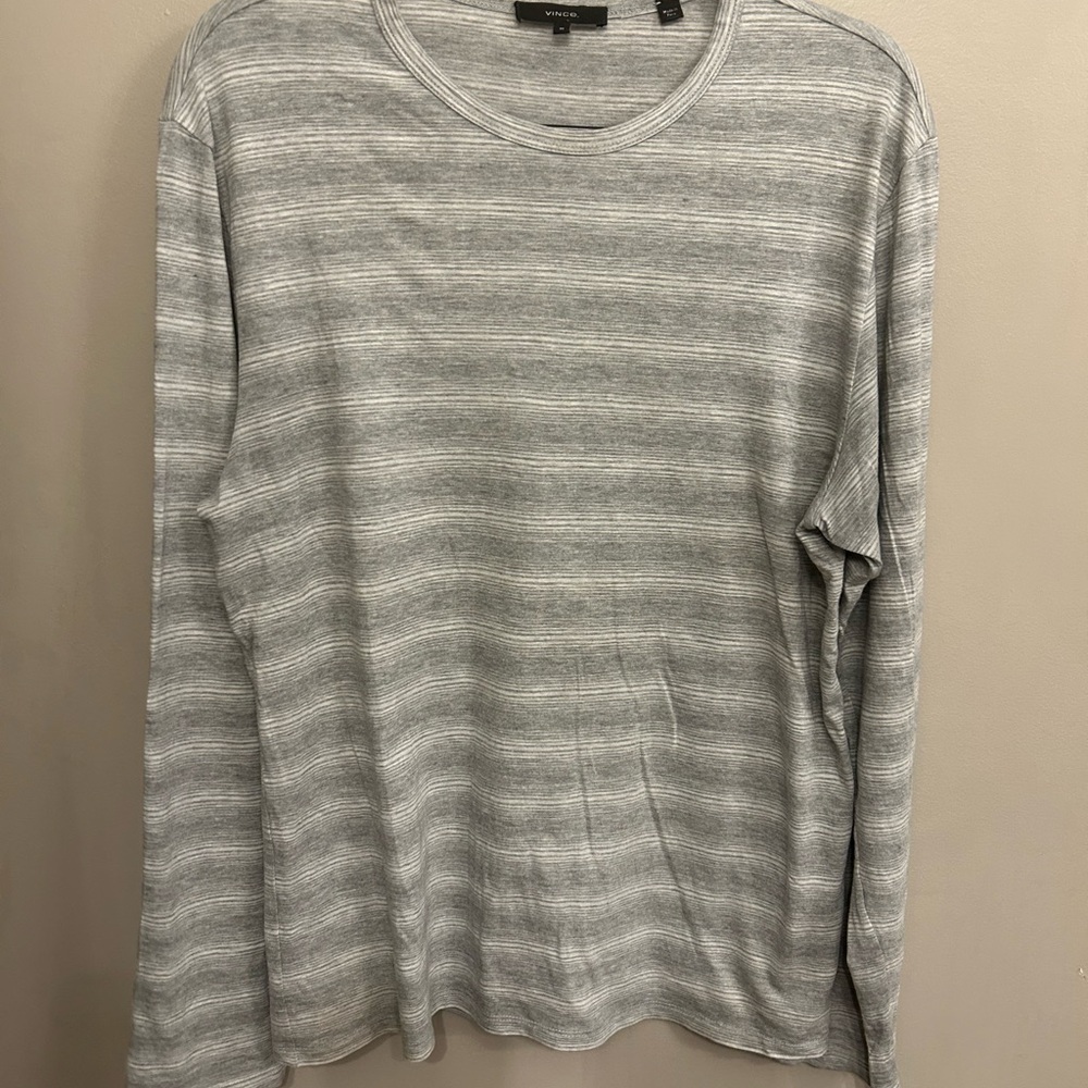Vince Long Sleeve Striped Crewneck Shirt in Light Gray and White